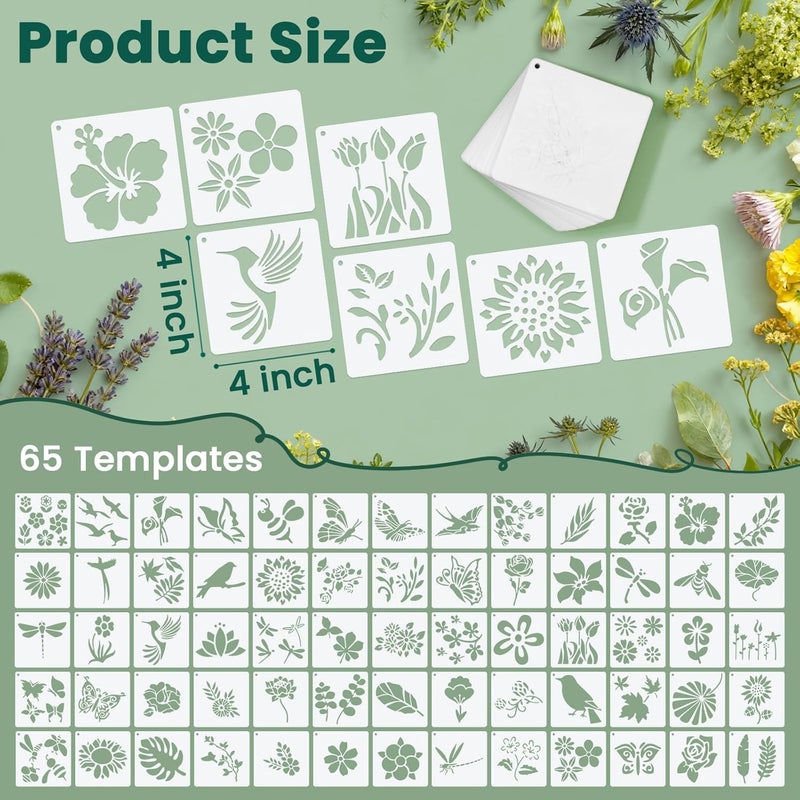 Amrules 65 Pcs Painting Stencils, Flowering Plants Theme Drawing Templates Set for Crafts, Reusable DIY Art Stencil Sets for Wood, Walls, Cards, Fabrics, Rocks and Home Decoration, 4 x 4 Inch - Image 2
